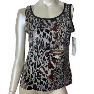 Sequined Animal Print Scoop Neck Tank Top - Black/Brown Size Large NEW NWT